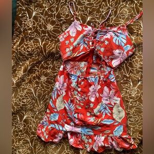 Forever 21 Floral Cutout Print Red Dress Size M/L